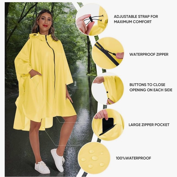 AMAZON Unisex Oversized Big Lightweight Foldable Yellow Waterproof Raincoat Zip - Picture 6 of 15